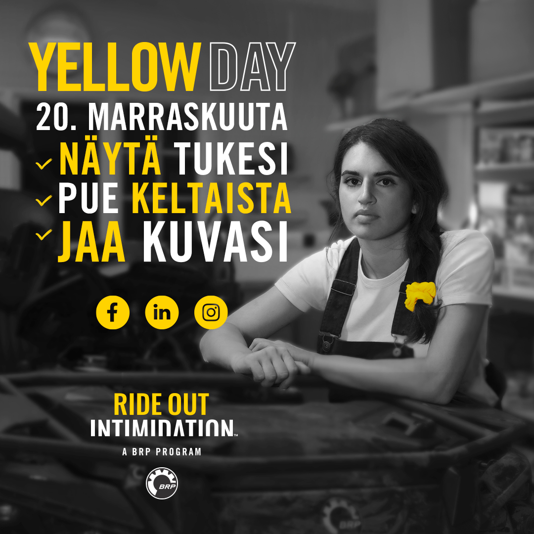 Yellow Day 20. marraskuuta. Näytä tukesi. Pue keltaista. Jaa kuvasi. RideOutIntimidation. A BRP Program. Mustavalkoisessa taustakuvassa nainen, jolla letissä keltainen pompula.